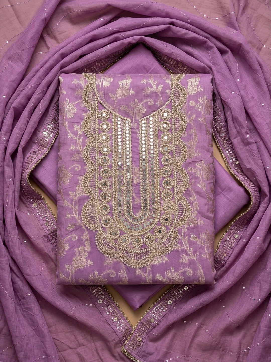 Lavender Chanderi Embroidered Unstitched Dress Material