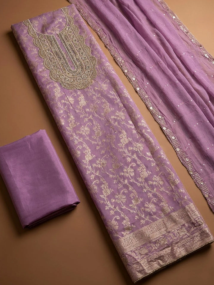 Lavender Chanderi Embroidered Unstitched Dress Material