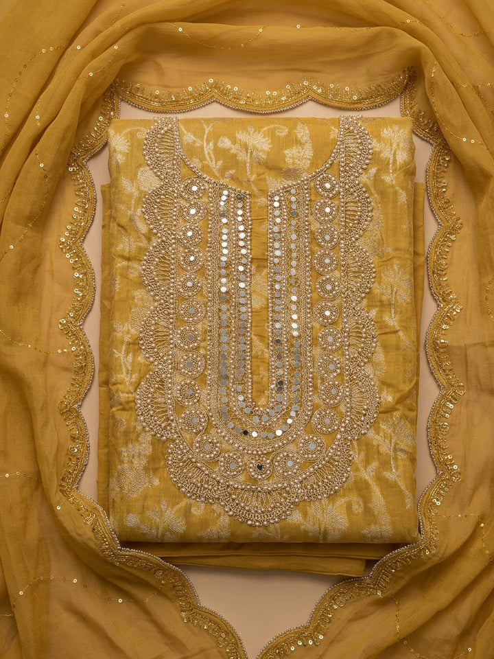Mustard Chanderi Embroidered Unstitched Dress Material