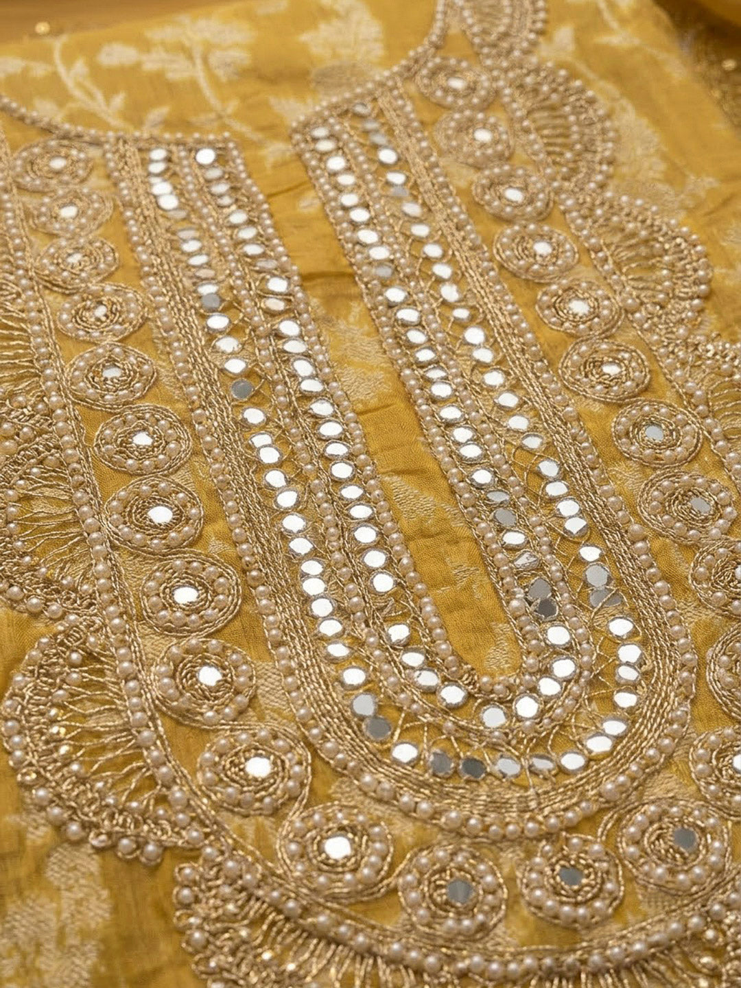 Mustard Chanderi Embroidered Unstitched Dress Material