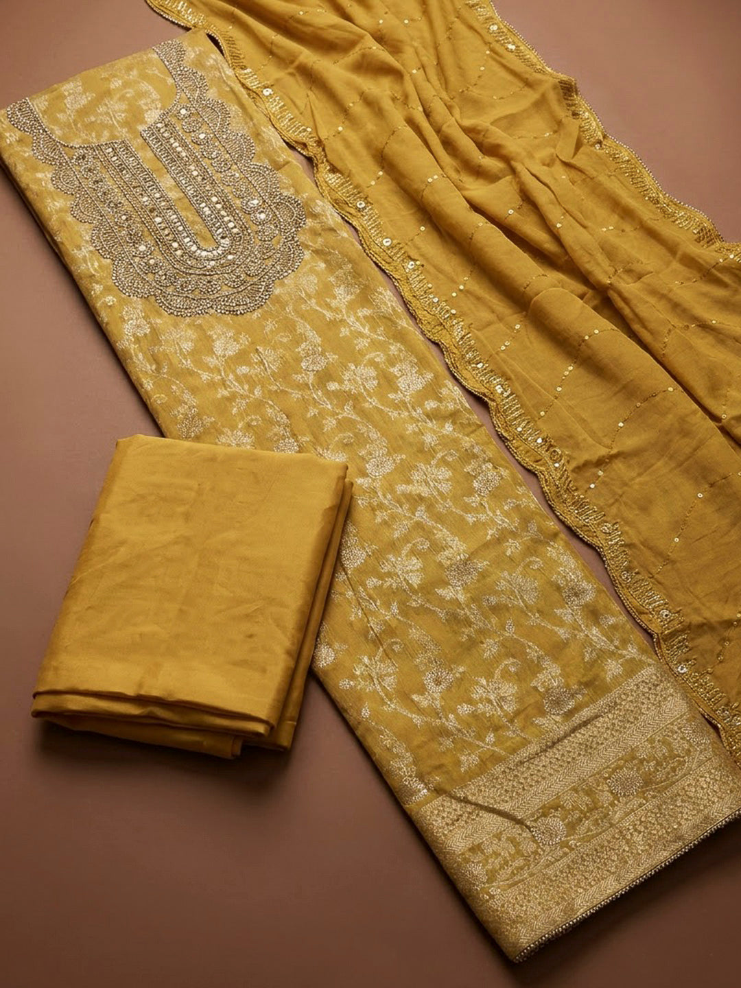 Mustard Chanderi Embroidered Unstitched Dress Material
