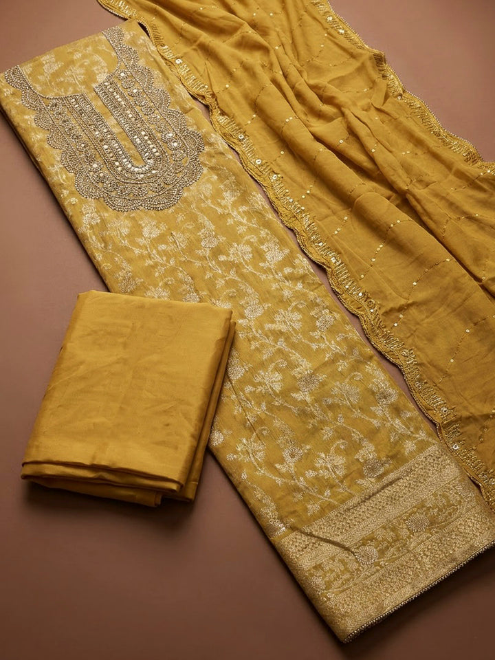 Mustard Chanderi Embroidered Unstitched Dress Material