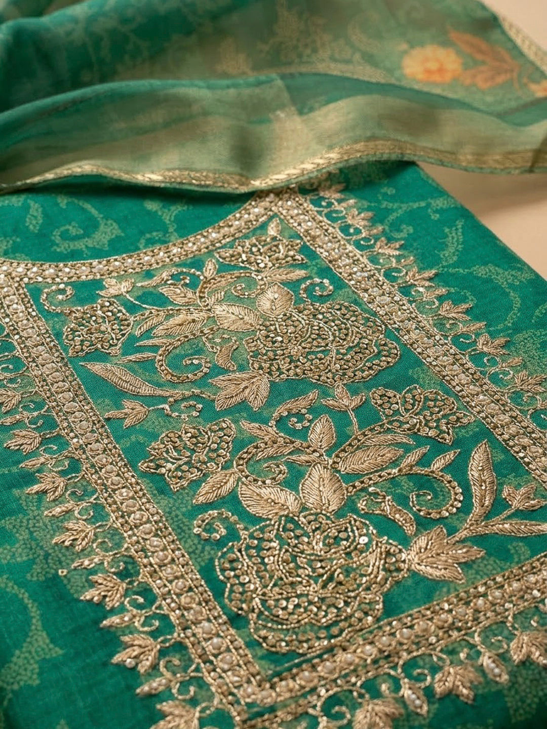 Green Tissue Embroidered Unstitched Dress Material