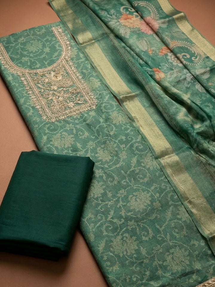 Green Tissue Embroidered Unstitched Dress Material