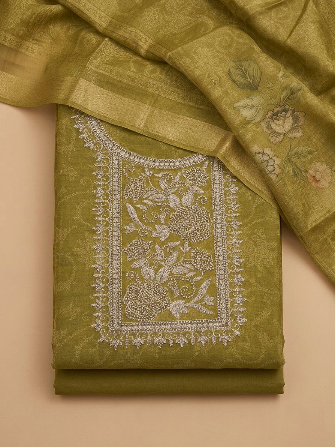 Mehndi Tissue Embroidered Unstitched Dress Material