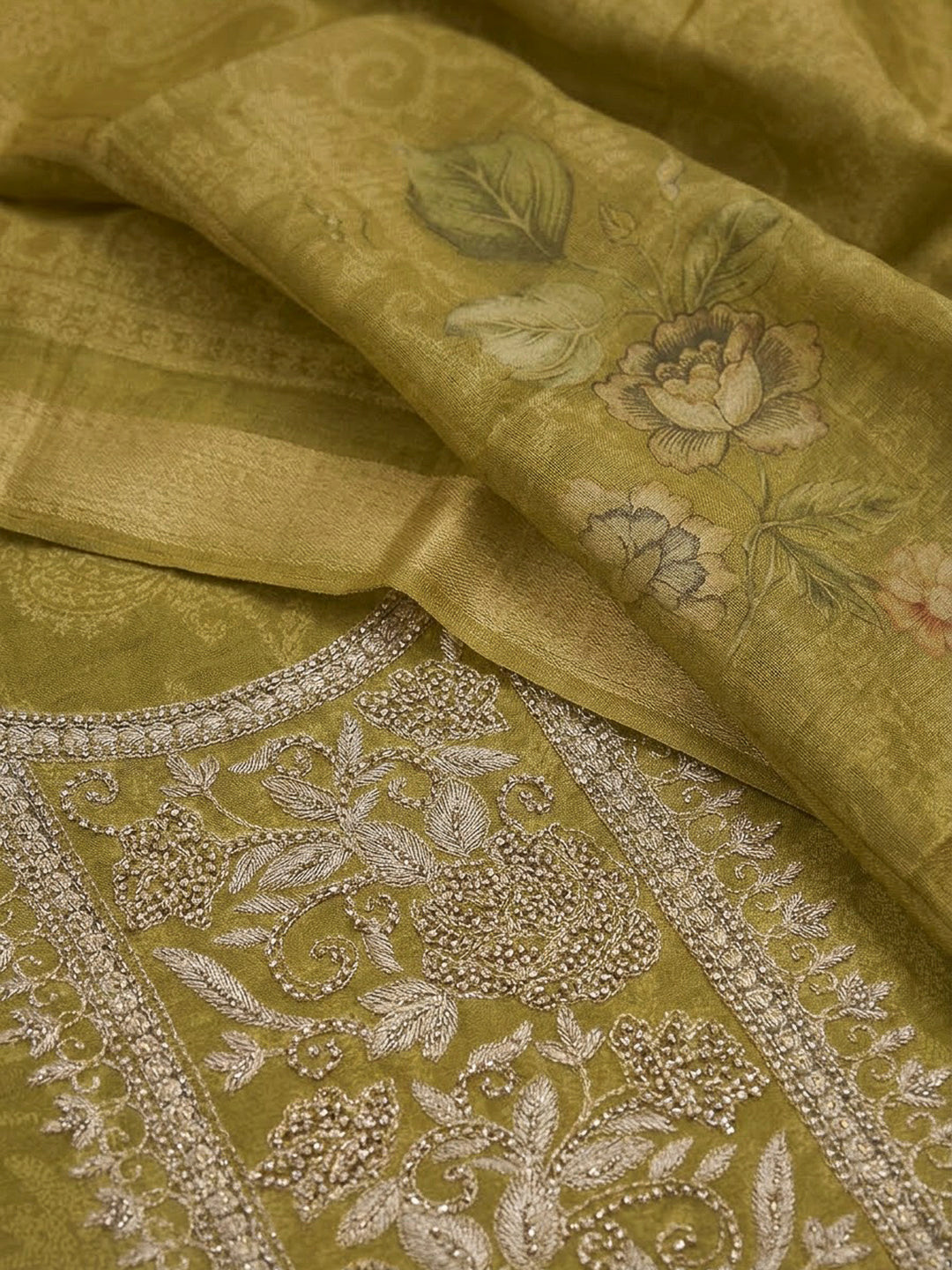 Mehndi Tissue Embroidered Unstitched Dress Material