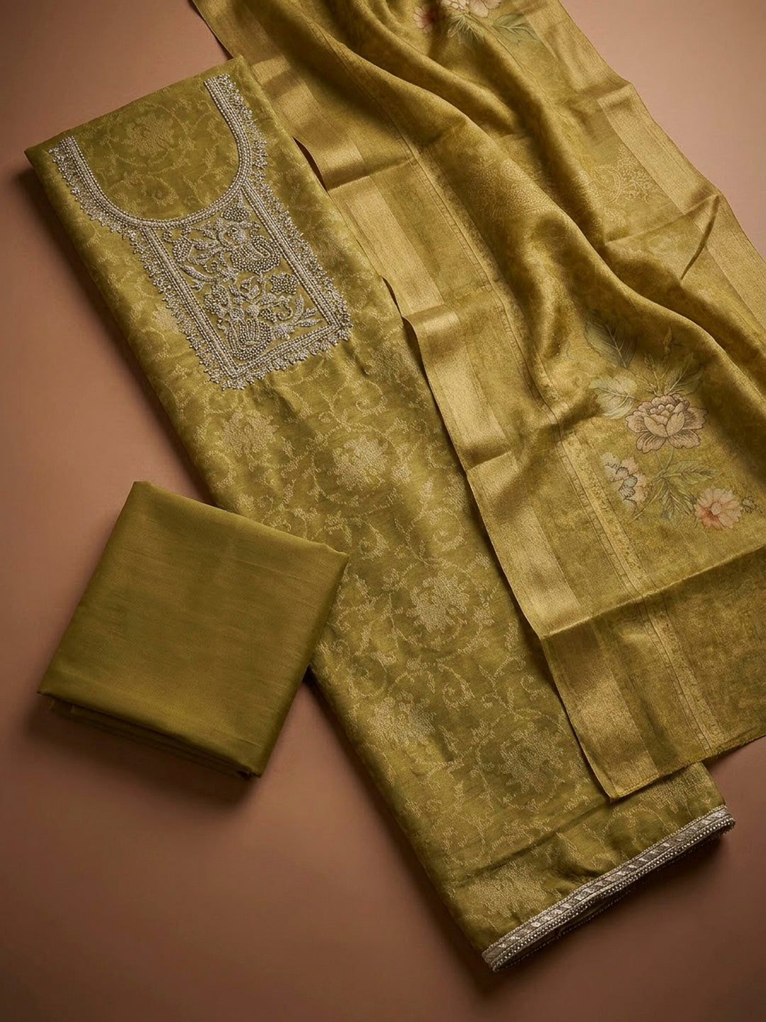 Mehndi Tissue Embroidered Unstitched Dress Material