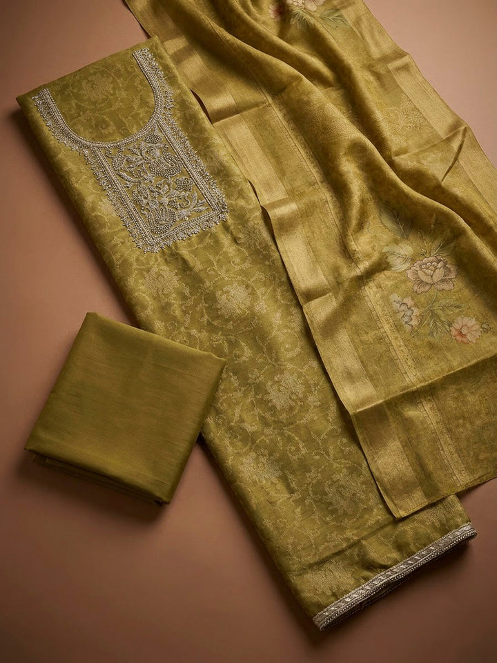 Mehndi Tissue Embroidered Unstitched Dress Material