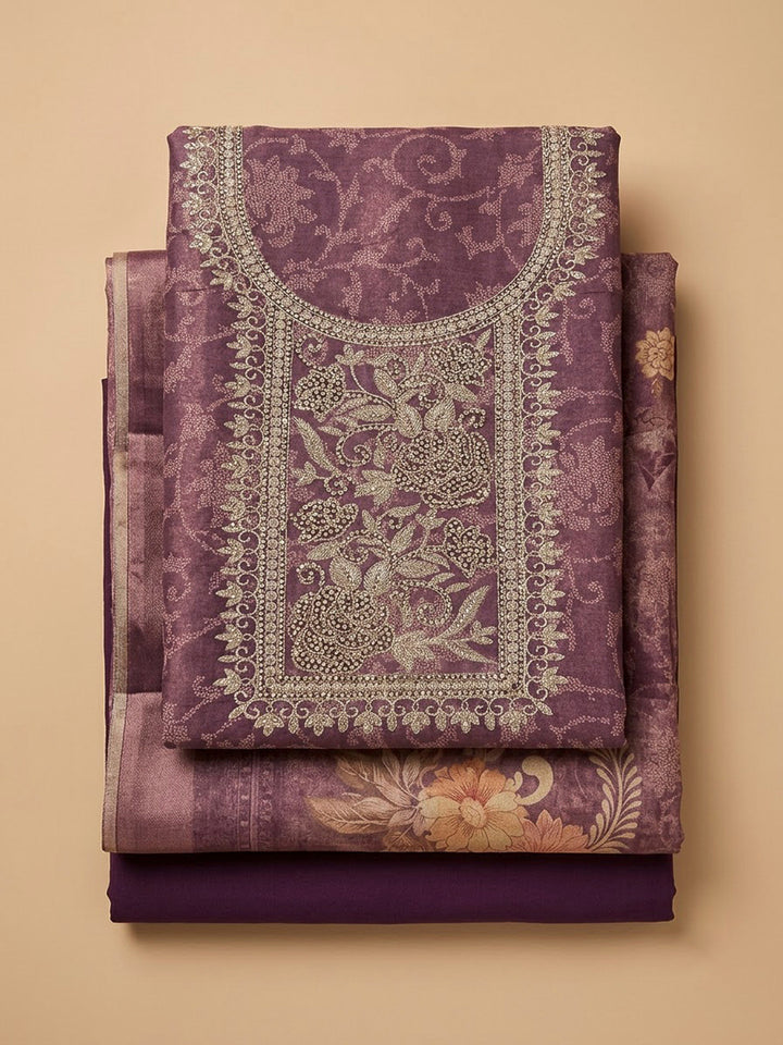 Purple Tissue Embroidered Unstitched Dress Material