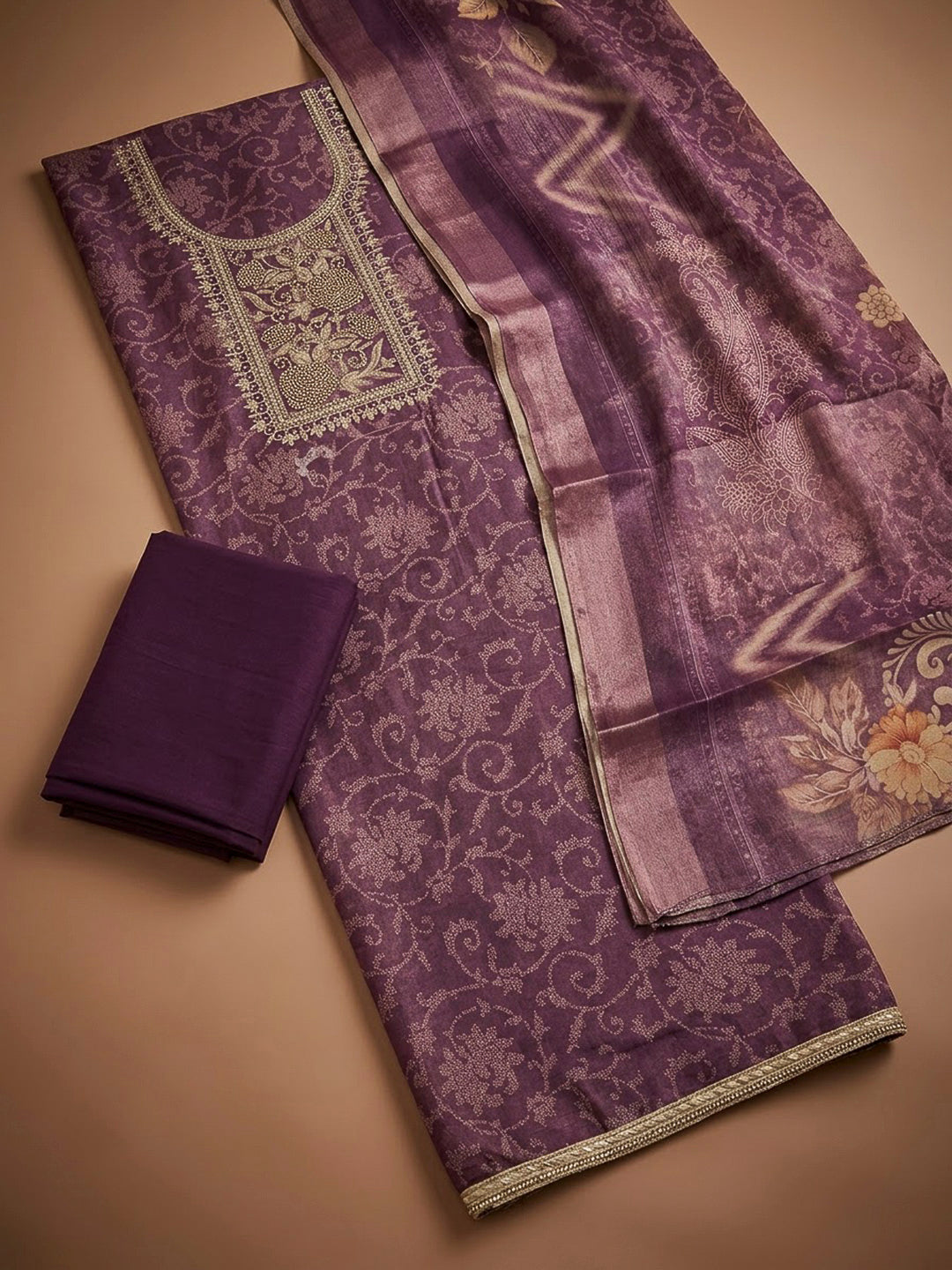 Purple Tissue Embroidered Unstitched Dress Material