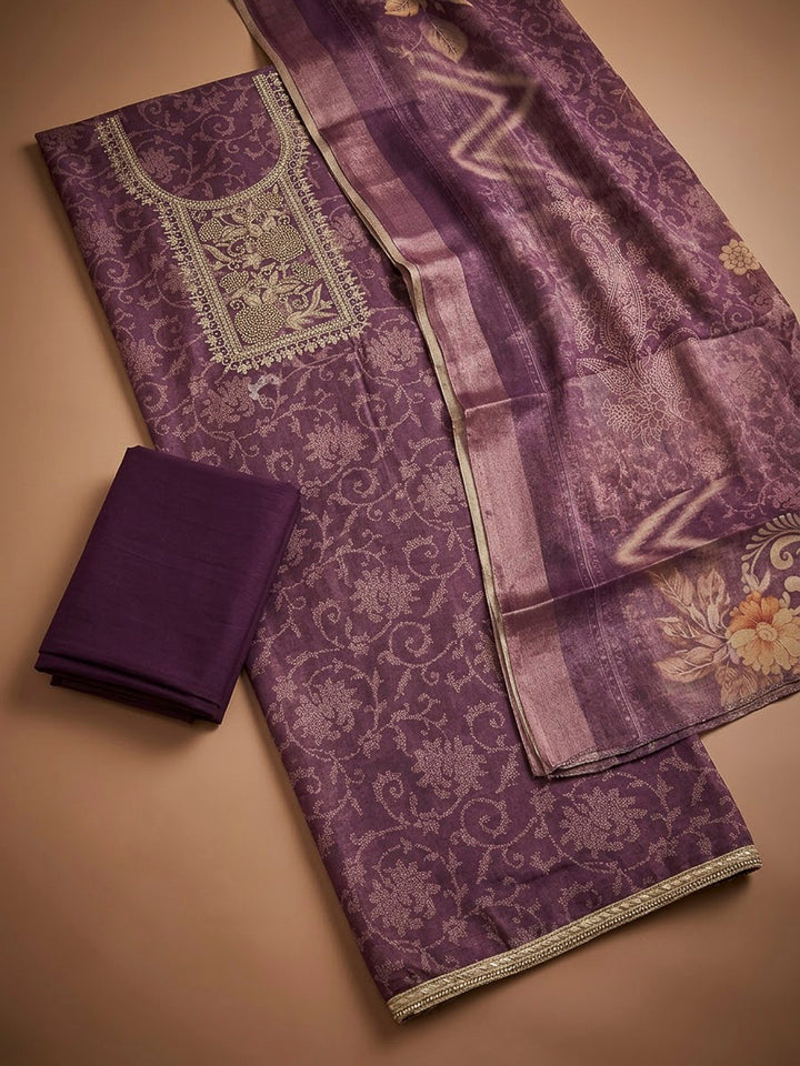 Purple Tissue Embroidered Unstitched Dress Material