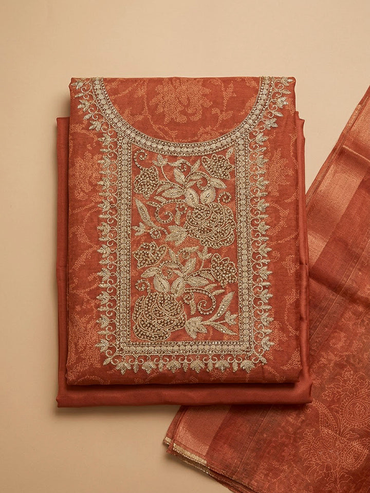 Rust Tissue Embroidered Unstitched Dress Material