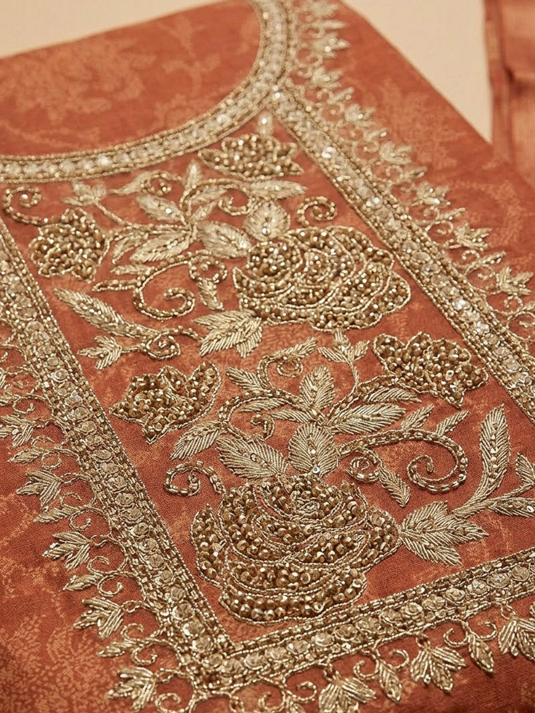 Rust Tissue Embroidered Unstitched Dress Material