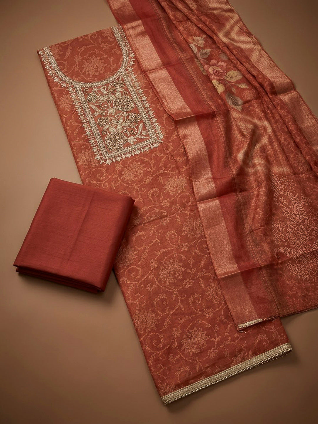 Rust Tissue Embroidered Unstitched Dress Material