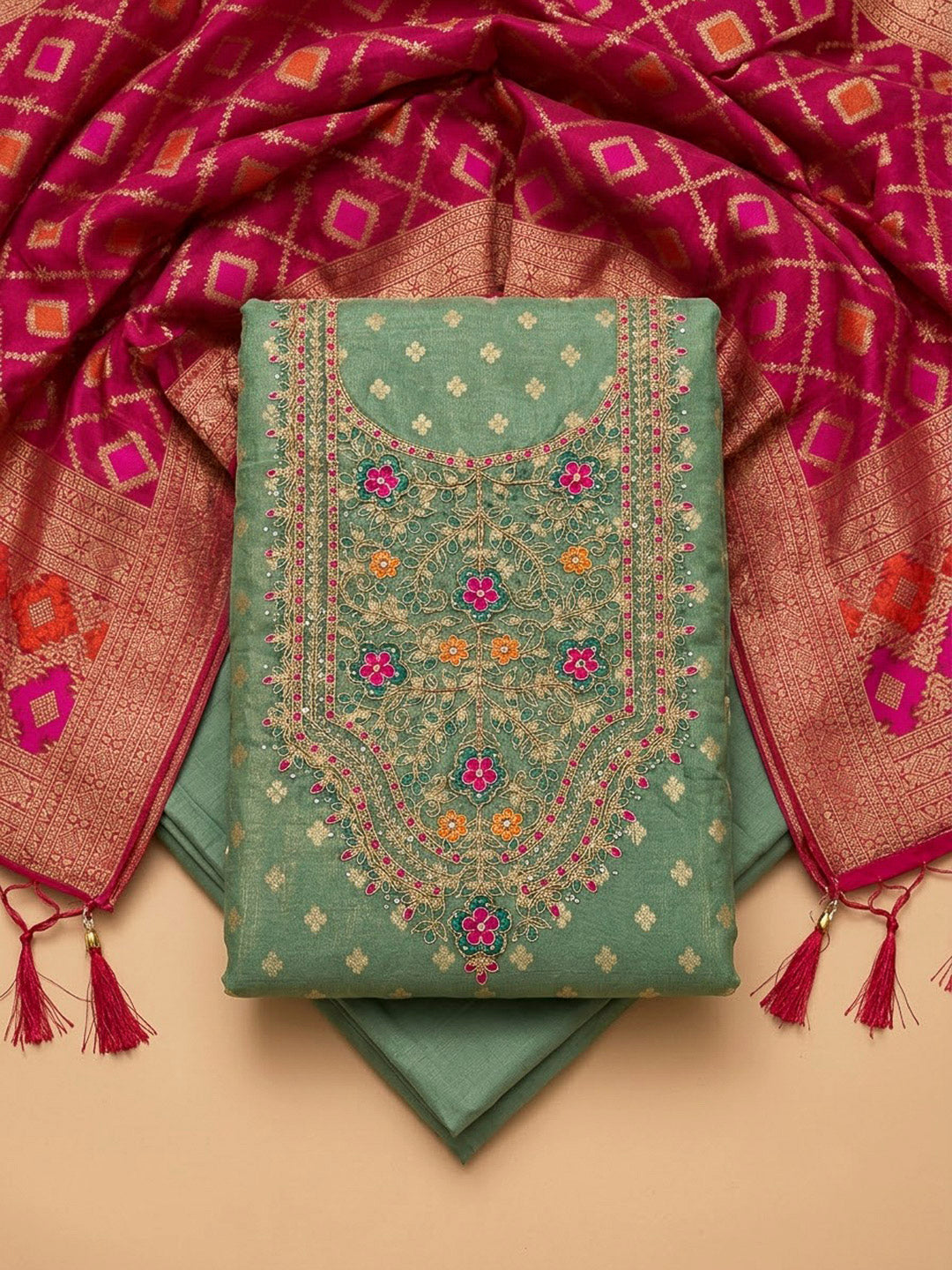 Aqua Green Chanderi Embroidered Unstitched Dress Material
