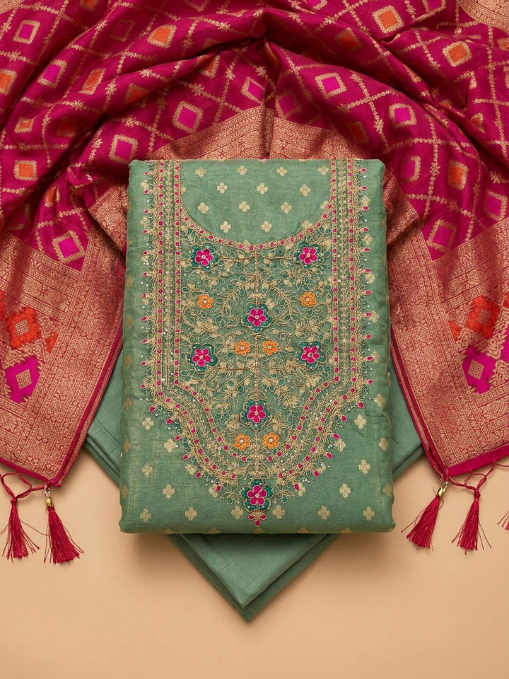 Aqua Green Chanderi Embroidered Unstitched Dress Material
