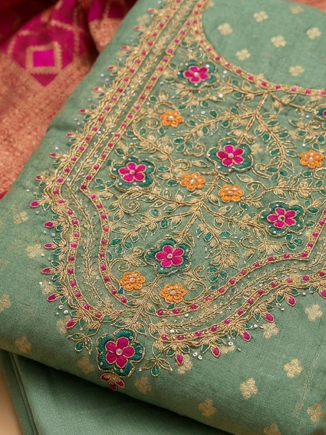 Aqua Green Chanderi Embroidered Unstitched Dress Material