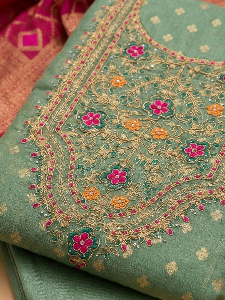 Aqua Green Chanderi Embroidered Unstitched Dress Material