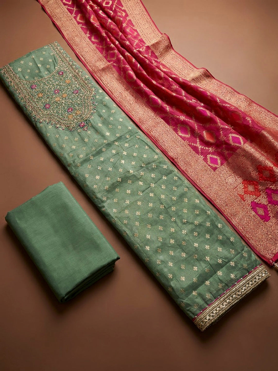 Aqua Green Chanderi Embroidered Unstitched Dress Material