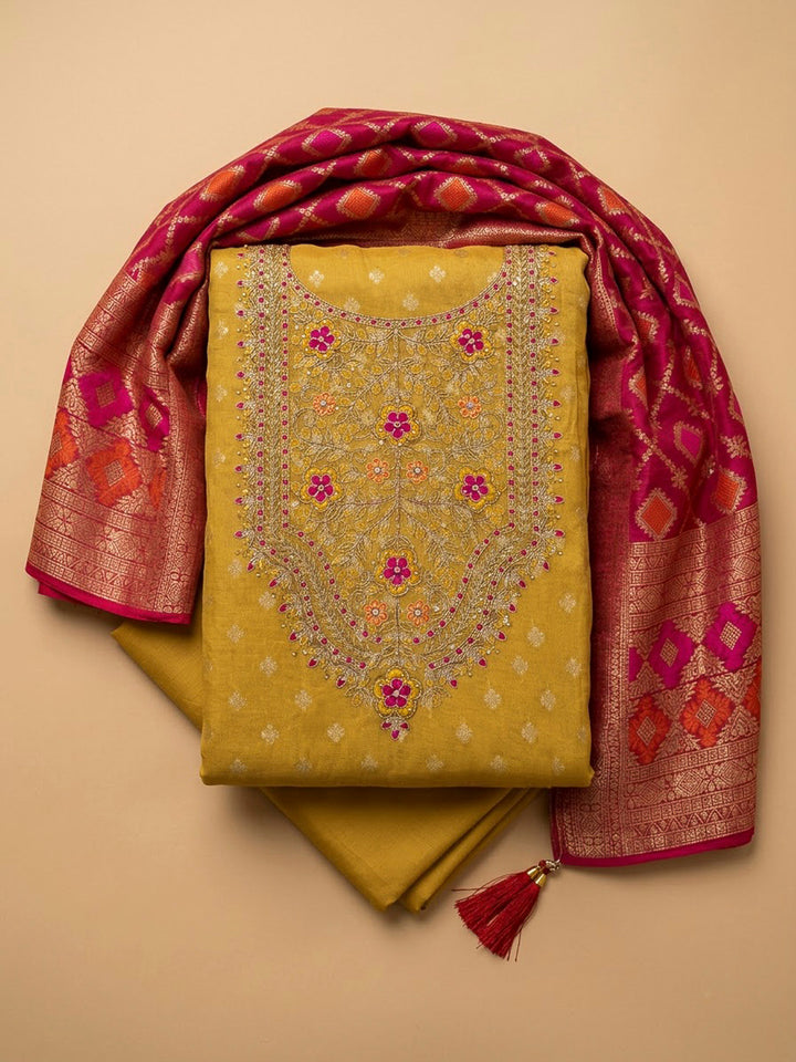 Mustard Chanderi Embroidered Unstitched Dress Material