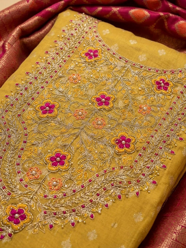 Mustard Chanderi Embroidered Unstitched Dress Material
