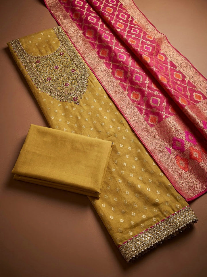 Mustard Chanderi Embroidered Unstitched Dress Material