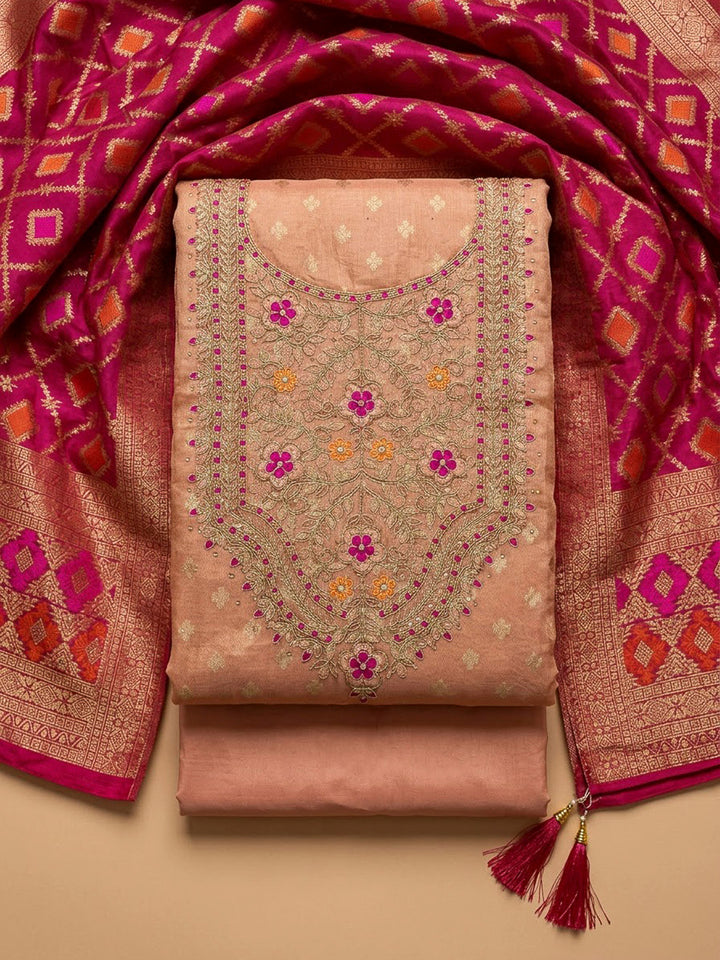 Peach Chanderi Embroidered Unstitched Dress Material