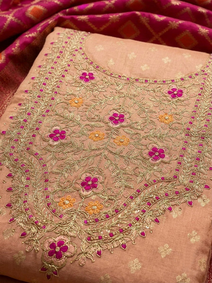 Peach Chanderi Embroidered Unstitched Dress Material