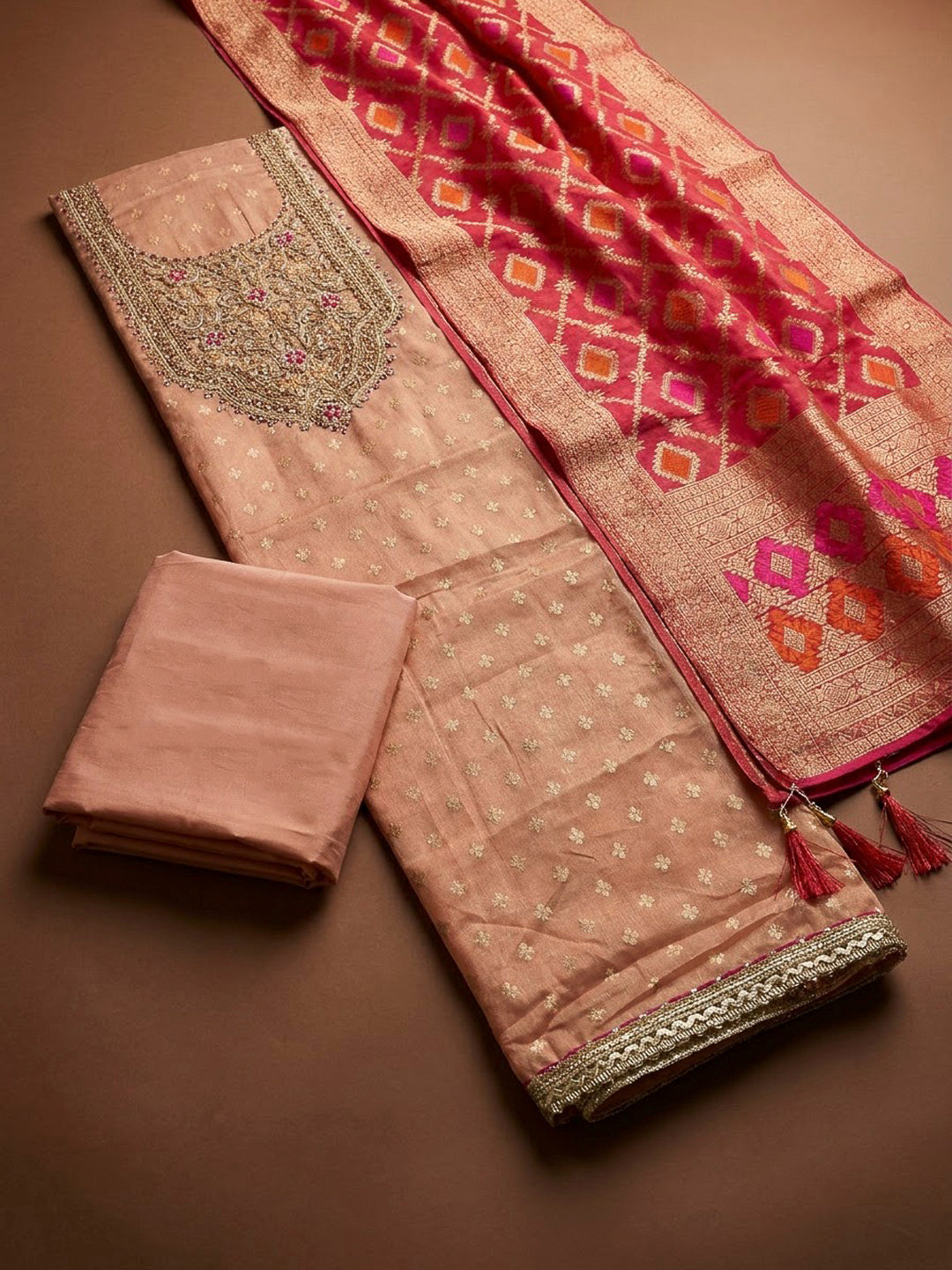 Peach Chanderi Embroidered Unstitched Dress Material