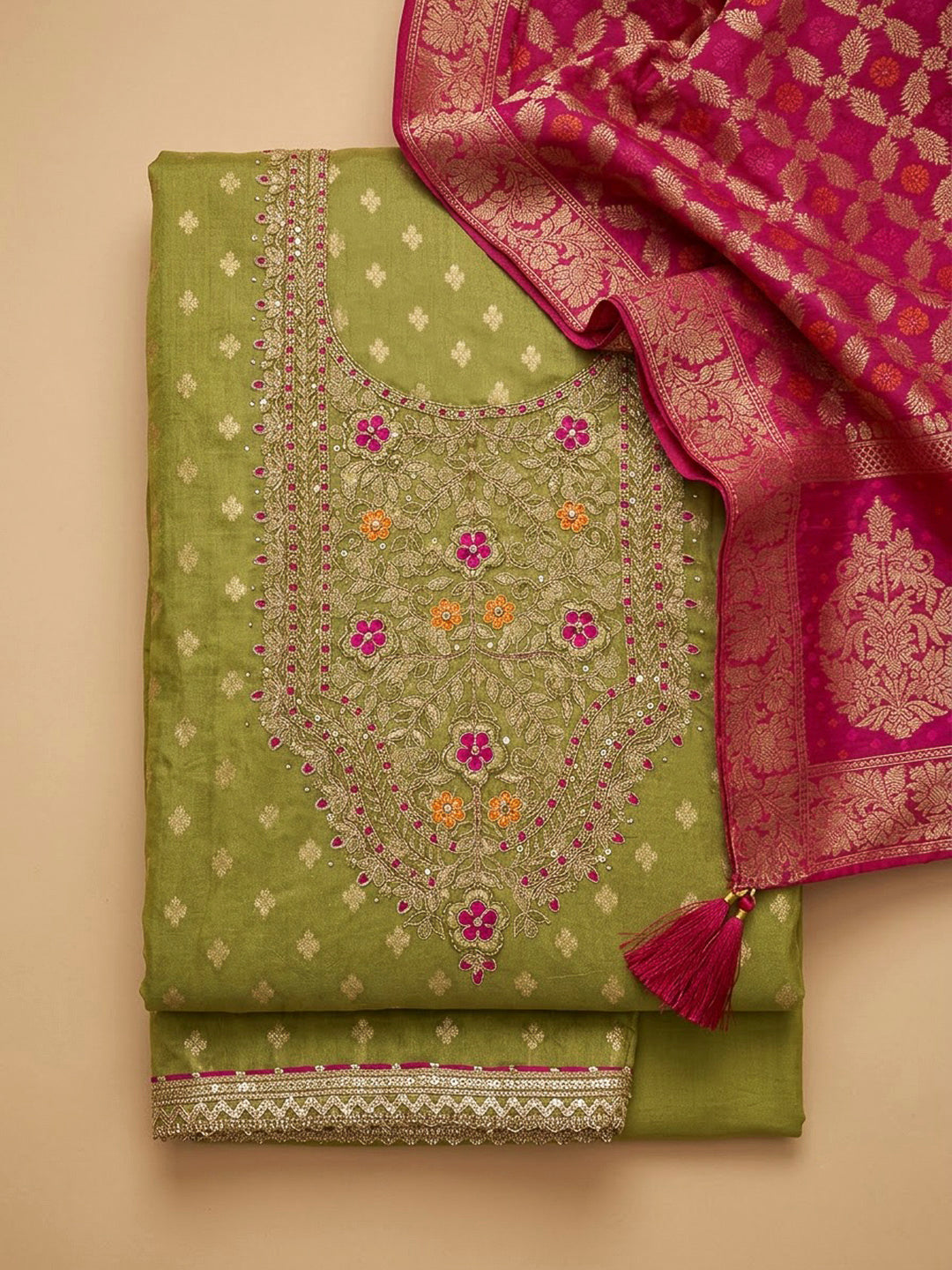 Pista Green Chanderi Embroidered Unstitched Dress Material
