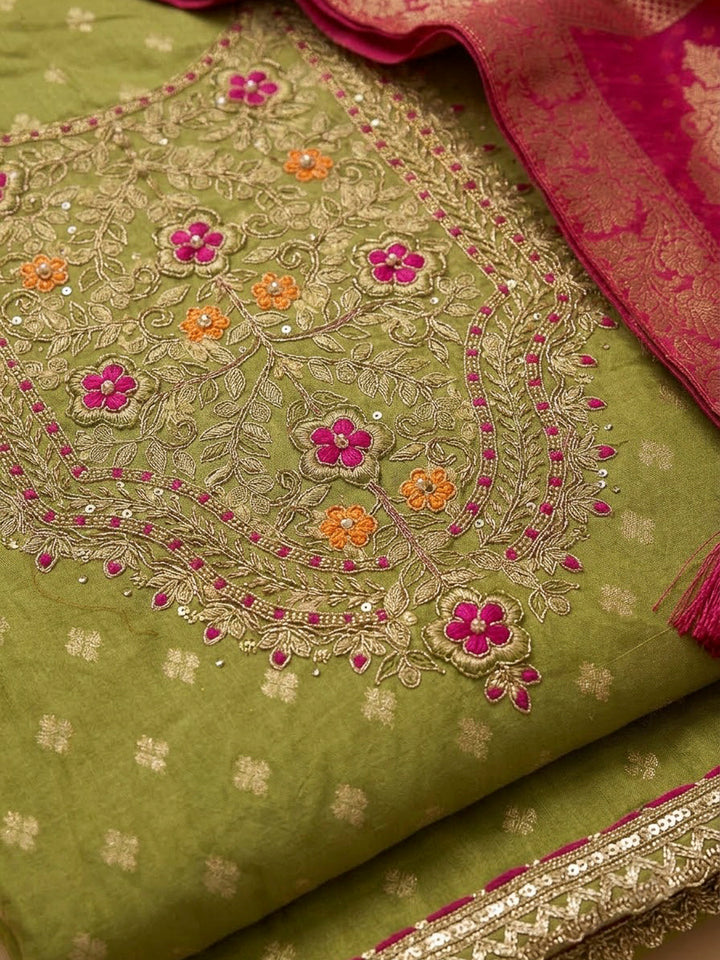 Pista Green Chanderi Embroidered Unstitched Dress Material