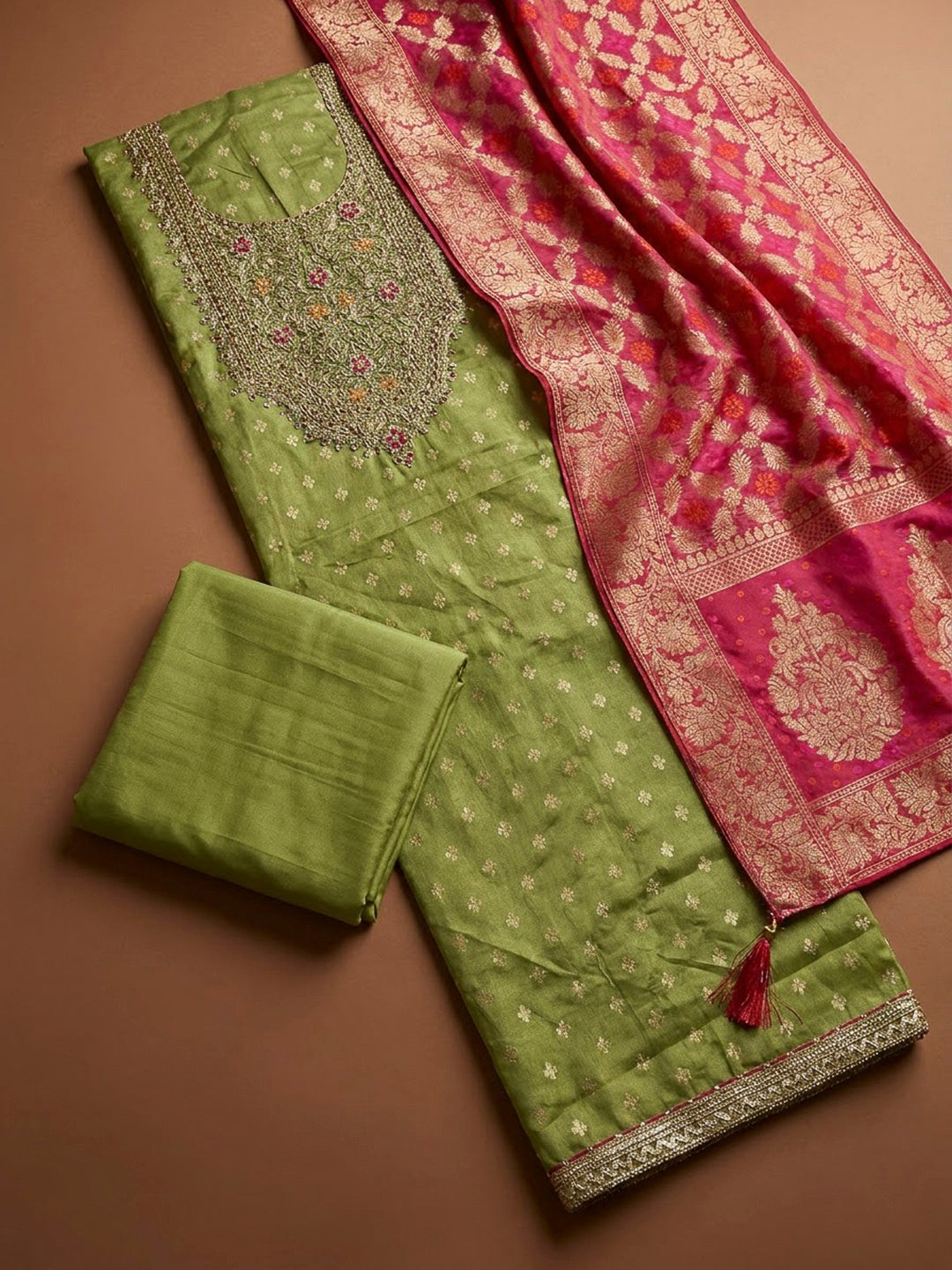 Pista Green Chanderi Embroidered Unstitched Dress Material