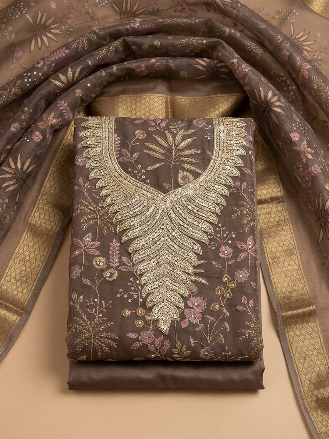 Brown Organza Embroidered Unstitched Dress Material