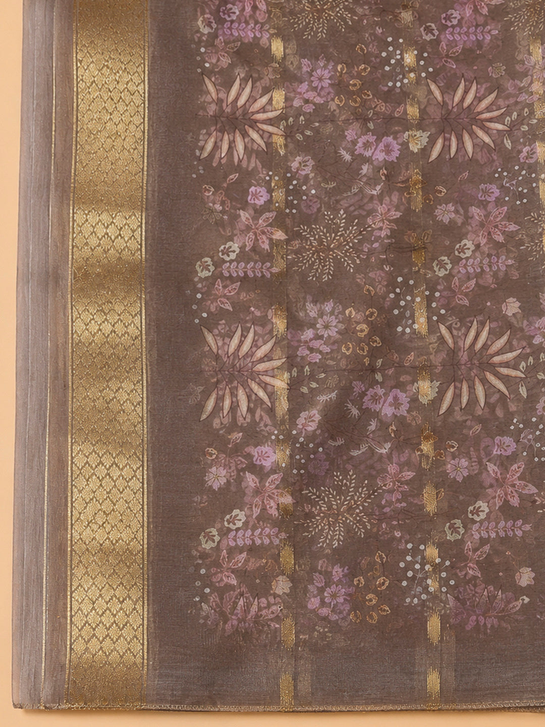 Brown Organza Embroidered Unstitched Dress Material