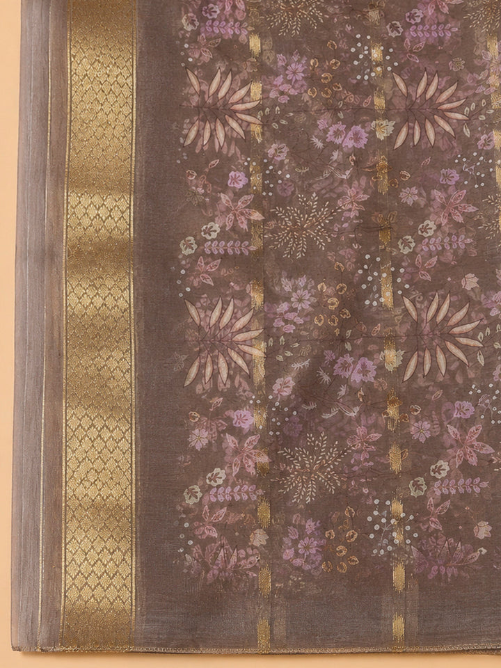 Brown Organza Embroidered Unstitched Dress Material