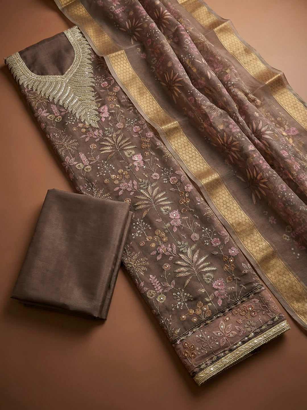Brown Organza Embroidered Unstitched Dress Material