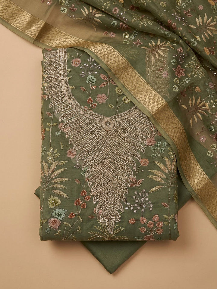 Green Organza Embroidered Unstitched Dress Material