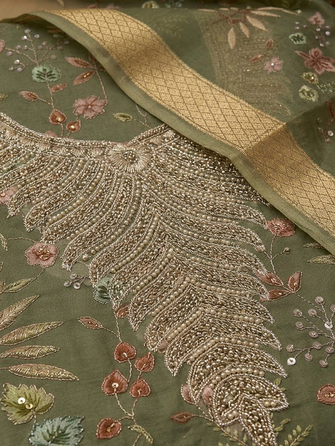 Green Organza Embroidered Unstitched Dress Material