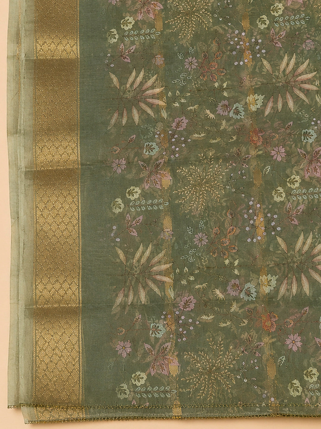 Green Organza Embroidered Unstitched Dress Material