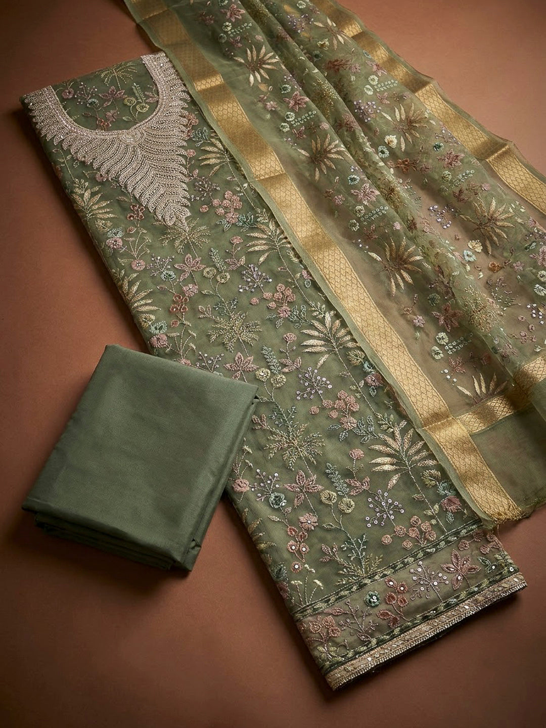 Green Organza Embroidered Unstitched Dress Material