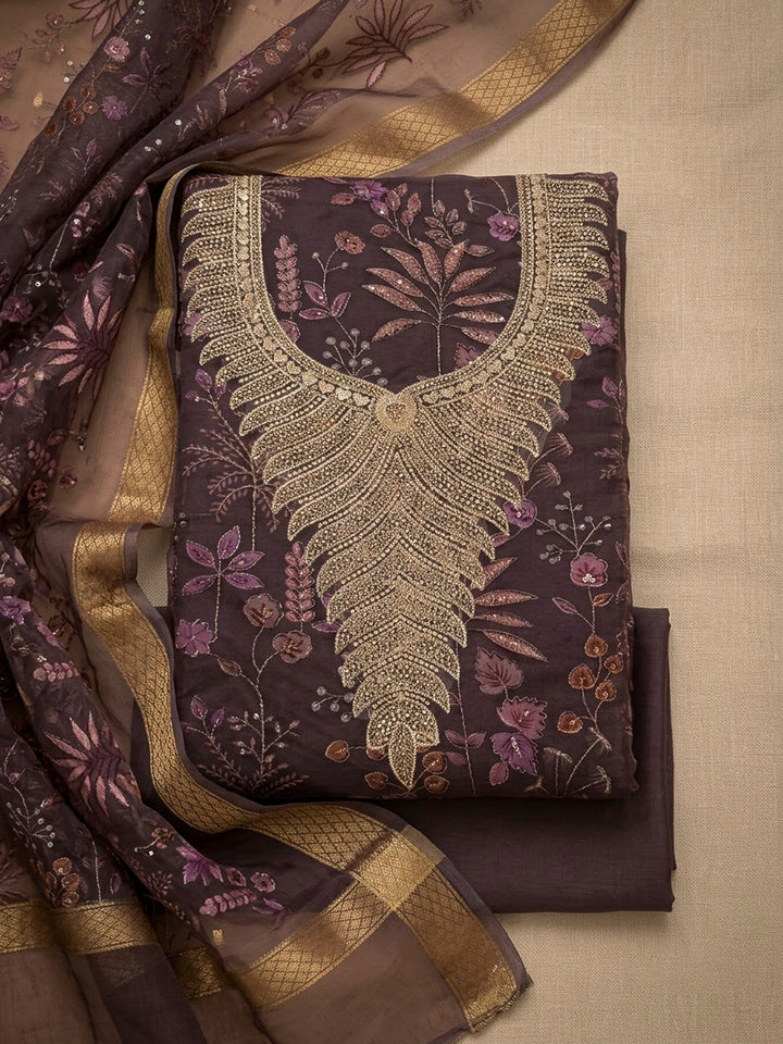 Purple Organza Embroidered Unstitched Dress Material