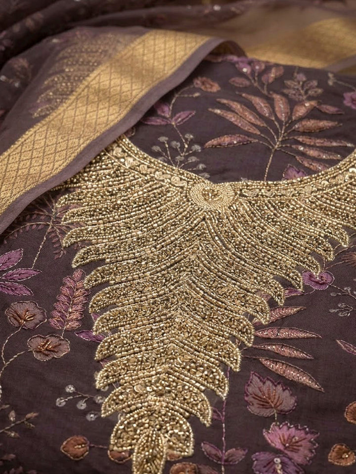 Purple Organza Embroidered Unstitched Dress Material