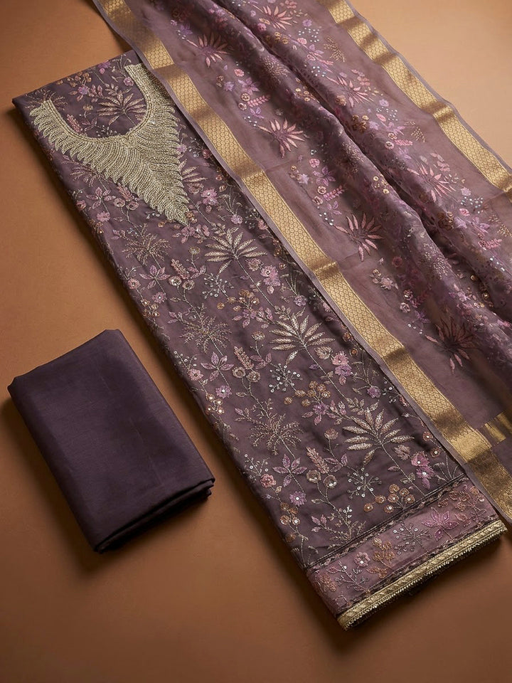 Purple Organza Embroidered Unstitched Dress Material
