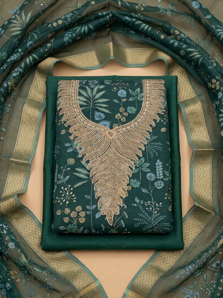Rama Green Organza Embroidered Unstitched Dress Material