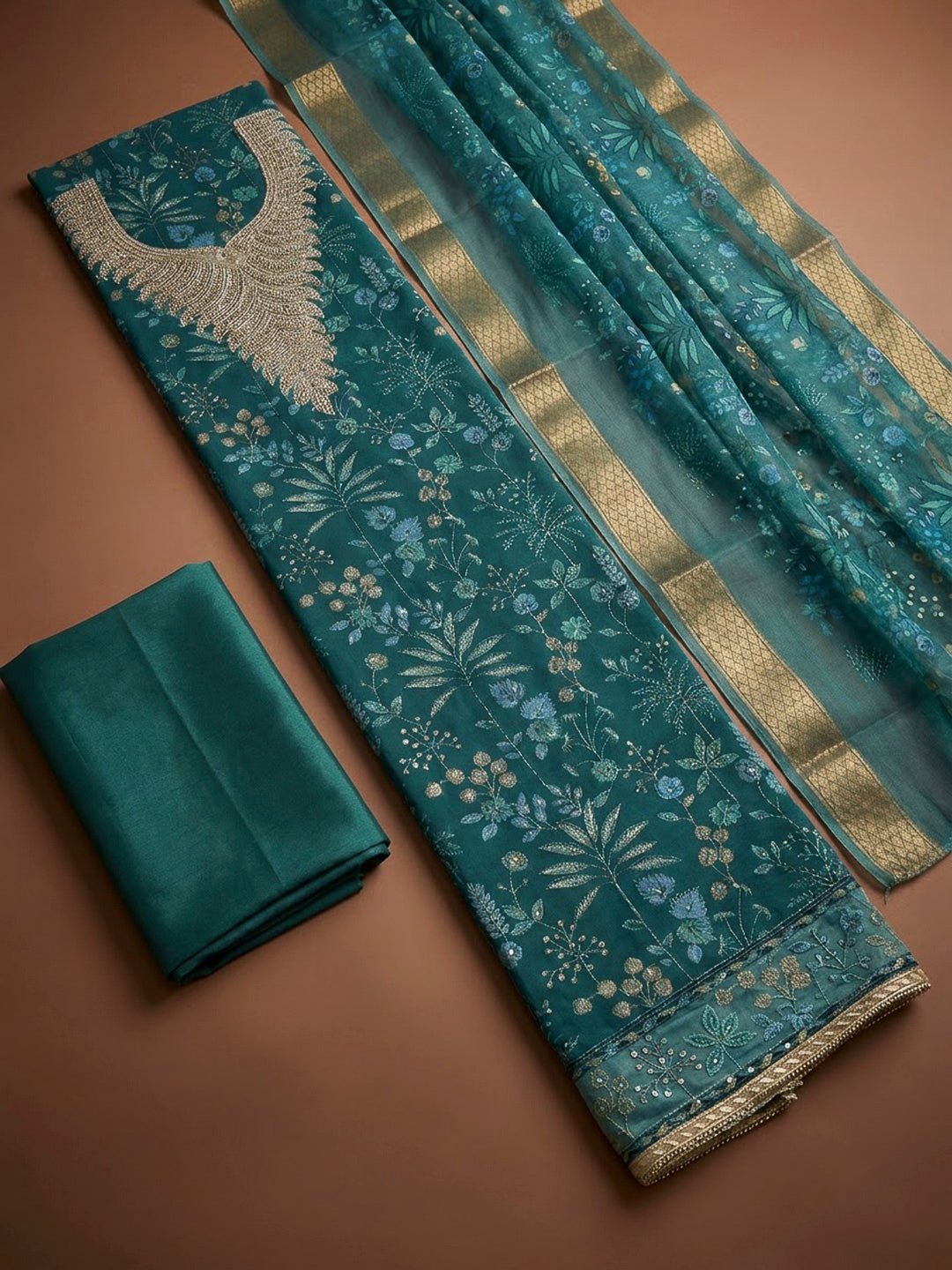 Rama Green Organza Embroidered Unstitched Dress Material