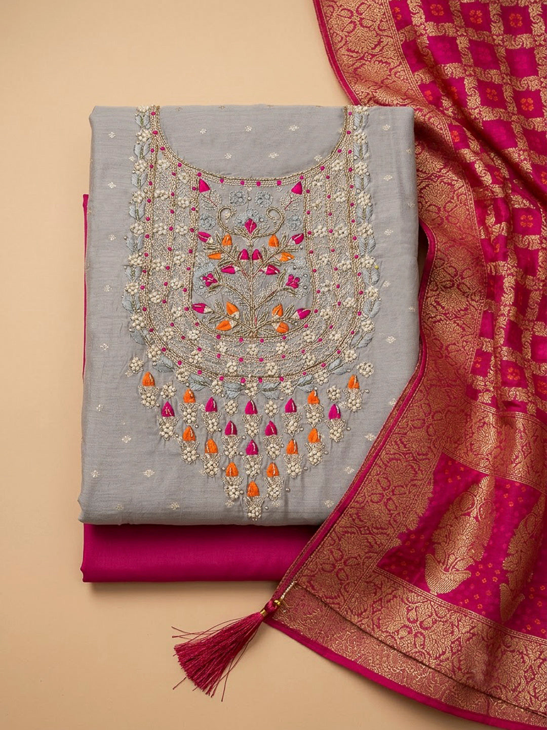 Grey Chanderi Embroidered Unstitched Dress Material