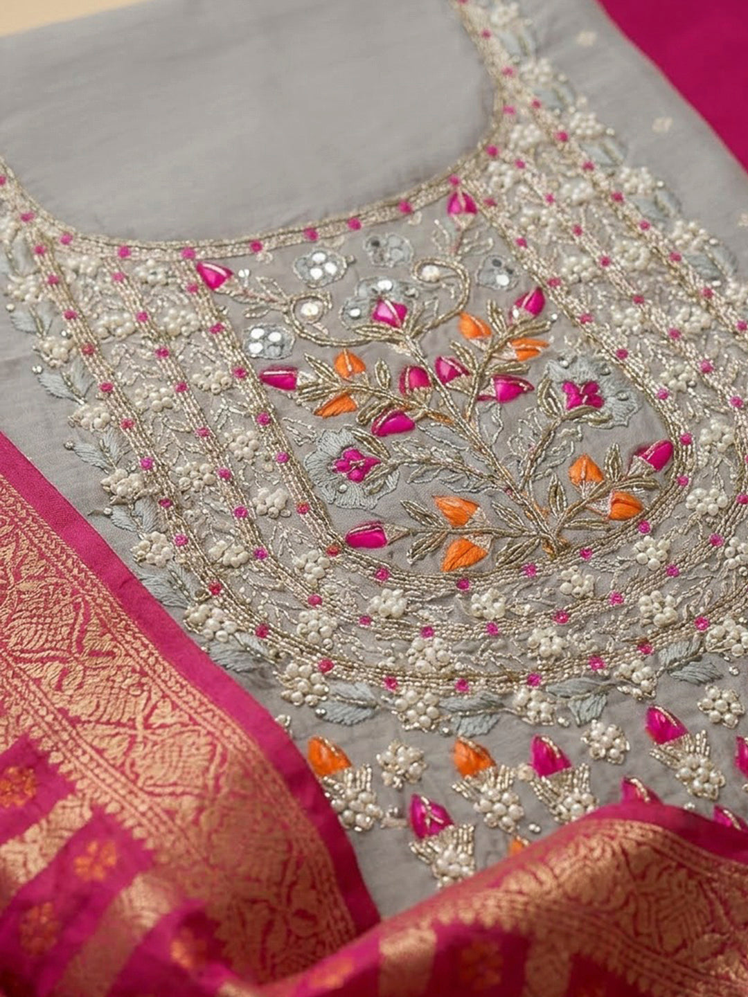 Grey Chanderi Embroidered Unstitched Dress Material