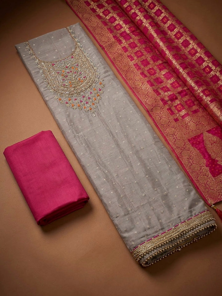 Grey Chanderi Embroidered Unstitched Dress Material