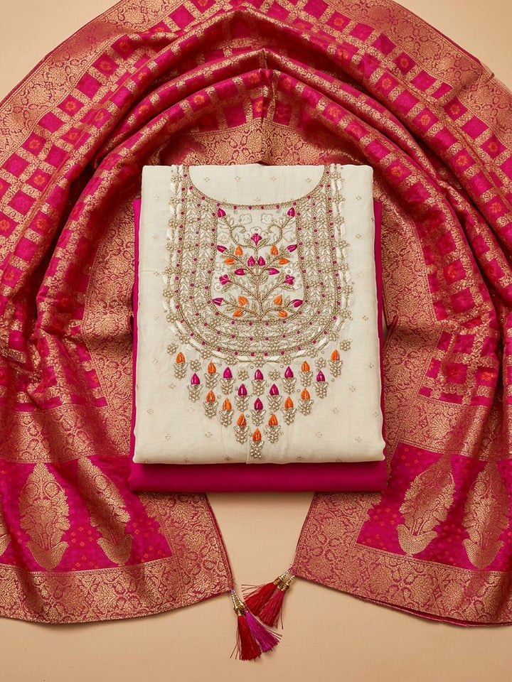 Off White Chanderi Embroidered Unstitched Dress Material