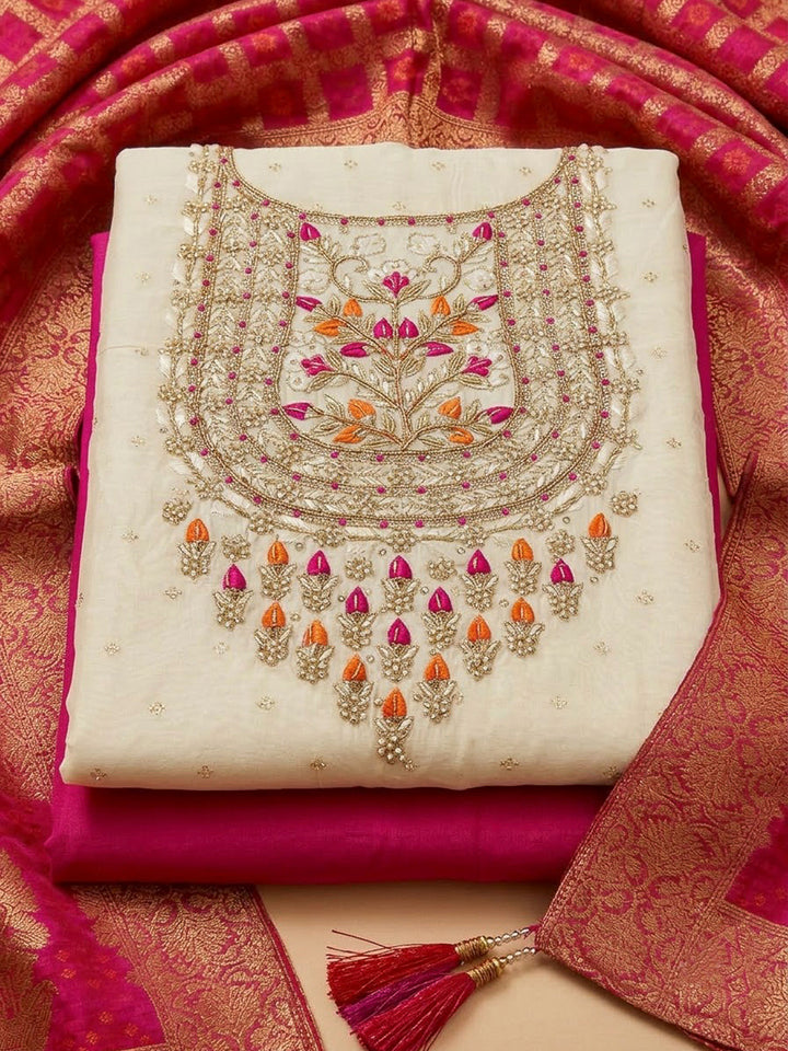 Off White Chanderi Embroidered Unstitched Dress Material